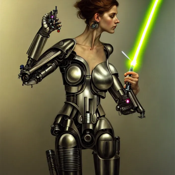 Image similar to organic cyborg, lightsaber held in left hand, diffuse lighting, fantasy, intricate, elegant, highly detailed, lifelike, photorealistic, digital painting, artstation, illustration, concept art, smooth, sharp focus, art by John Collier and Albert Aublet and Krenz Cushart and Artem Demura and Alphonse Mucha