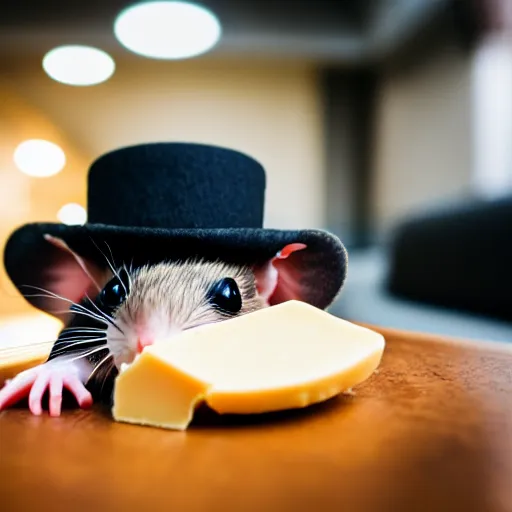 Image similar to a rat wearing a bowler hat eating cheese. sigma 5 0 mm f / 1. 4