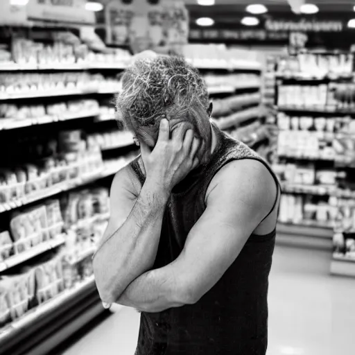 Prompt: very frustrated Poseidon annoyed and complaining with wild gestures to other customers at the supermarket, bokeh, Sigma 85mm, f/1.4