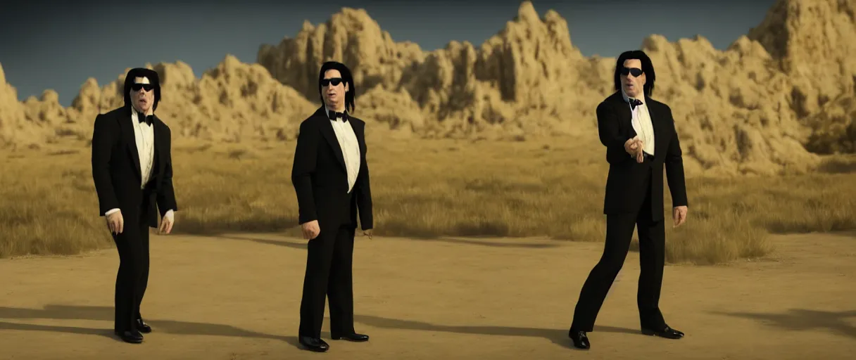 Image similar to john travolta as vincent vega suprised gesture nobody there ghost town tumbleweed bushes on ground shrugging hand at waist level. standing in black suit high noon golden ratio, 4 k, detailed, art gorillaz style by jamie hewlett and greg rutkowsky, trending on artstation, cinematic lighting, filmic grain, golden hour, detailed, 4 k