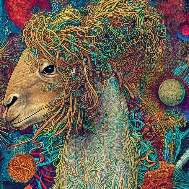 Image similar to llama with dreadlocks, beautiful colors, by otomo katsuhiro, ernst haeckel, james jean