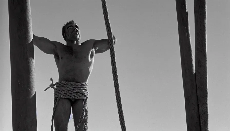 Image similar to 1 9 7 0 s movie still close - up of marcus atilius regulus tied with ropes at a pole with his wide open bleeding eyes looking at the burning sun, cinestill 8 0 0 t 3 5 mm b & w, high quality, heavy grain, high detail, texture, dramatic light, anamorphic, hyperrealistic, detailed hair