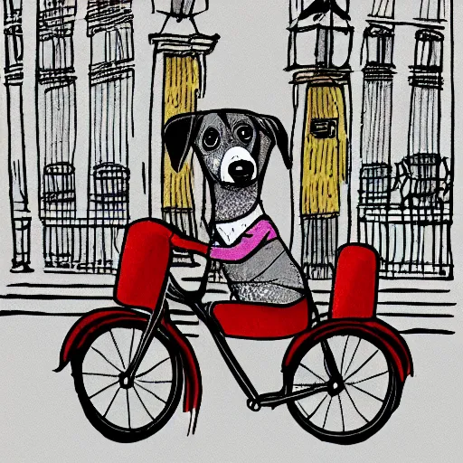 Prompt: illustration of a dog riding a bike in paris in the style of erin stead