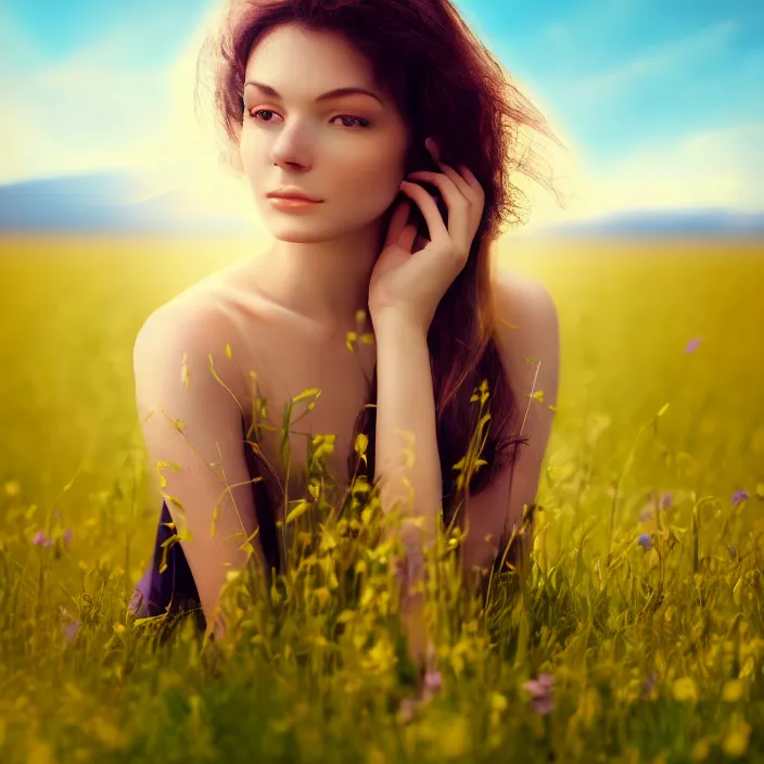 Image similar to photo of a very beautiful!! woman in an endless heavenly meadow, close up, 8 k, hdr, smooth, sharp focus, high resolution, award - winning photo, trending on artstation, dslr, 5 0 mm