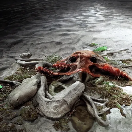 Image similar to an octopus hiding inside a decaying human skeleton, beautiful underwater nature photograph with dynamic lighting and murky water