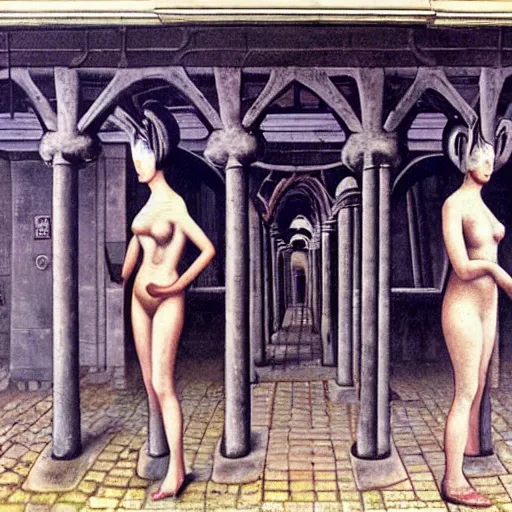 Image similar to nuremberg, surrealistic painting by paul delvaux