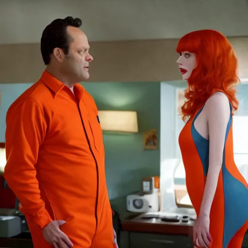 Image similar to vince vaughn as jack fenton, he is wearing orange coveralls bodysuit, and christina hendricks as maddie fenton, she is wearing a tight teal bodysuit, movie photo, spooky netflix still shot