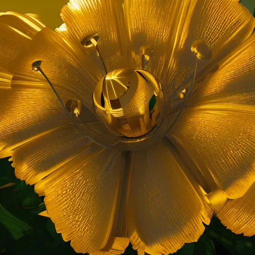 Image similar to a robotic flower, 8 k, photorealistic, photograph, award winning, golden hour, volumetric light