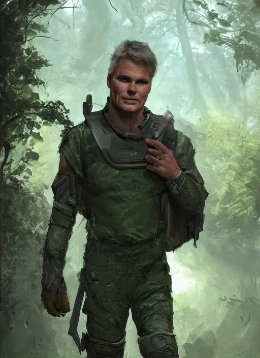 Image similar to portrait of a young richard dean anderson wearing a green combat uniform, in a post apocalyptic city overgrown by plants, by wlop, by greg rutkowski, cover illustration, concept art, volumetric lighting, volumetric atmosphere, sharp focus, octane render, trending on artstation, 8 k