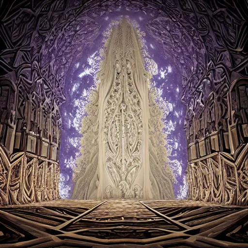 Prompt: a beautiful 3 d octane render of a massive sprawling fractal cathedral interior populated by mandelbrot fractals, unreal engine, carved ivory, white, volumetric lighting, hyperrealistic, sharp, glowing, carved marble, opalescent, carved soap, neon, sacred geometry, religious, angelic, catholicpunk, photorealism, 8 k, ultra detailed