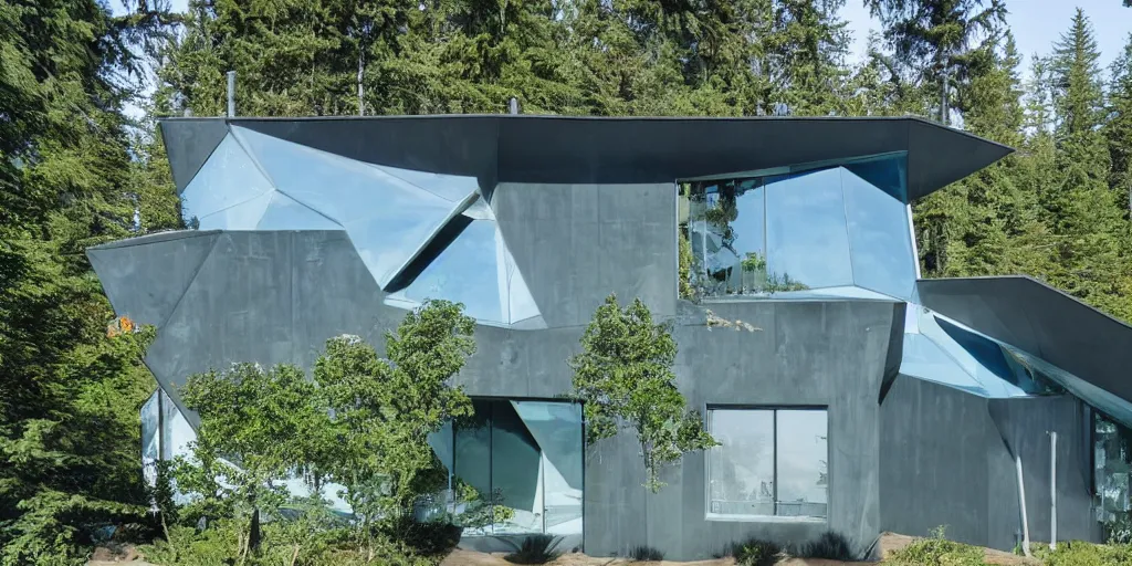 Image similar to large futuristic residence, pacific northwest, gray concrete, large blue and green windows, blue and green metal, triangular elements