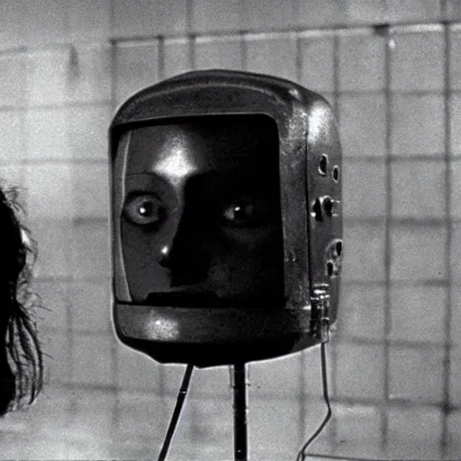 Image similar to Possession (1981) movie by Andrzej Żuławski, movie still, robot head and man head looking to the side, dop