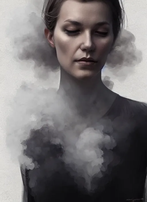 Prompt: fullbody portrait of finnish woman made partly out of smoke vanishing slowly as an smoke to the air, realistic smoke, elegant, highly detailed, digital illustration, trending in artstation, trending in pinterest, glamor pose, concept art, smooth, sharp focus, art by artgerm and greg rutkowski