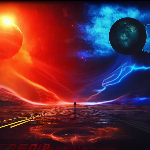 Prompt: dark matter red infernal world future landscape ocean and sun hyper reflection open street schizophrenia and stratification of consciousness mind man poster highly detailed full HD 8K resolution