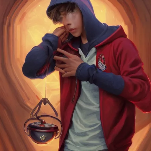 Prompt: a preppy magic student boy wearing a red hoodie, holding a bell, d & d, fantasy, intricate, cinematic lighting, highly detailed, digital painting, artstation, concept art, smooth, sharp focus, illustration, art by artgerm and greg rutkowski and alphonse mucha