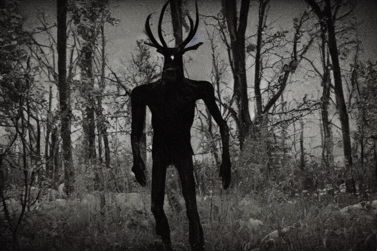 Image similar to low quality trailcam footage of a wendigo in a backyard, at night