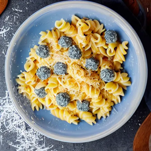 Image similar to a professional photo of blue moon pasta with moon chunks