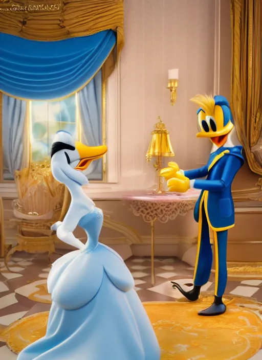 Image similar to cinderella and donald duck on a date the ritz, octane render, elegant, cinematic, elegant, intricate, 8 k