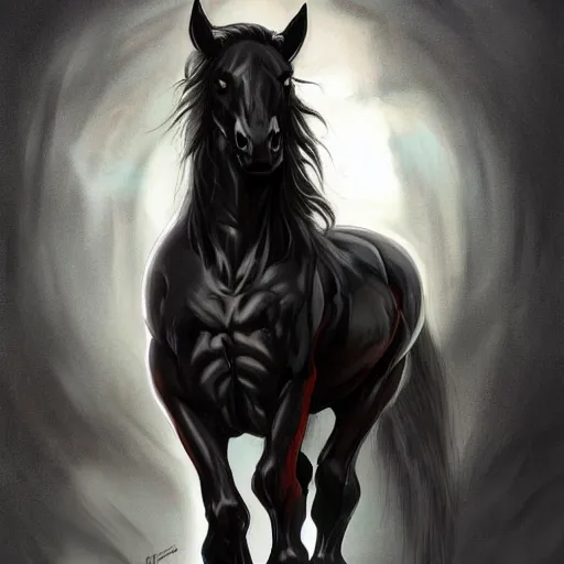 Image similar to an enormously muscular black - coated anthro horse at a research facility wearing skintight body armor, long mane, highly detailed, digital painting, artstation, illustration, art by artgerm, greg rutkowski, wlop