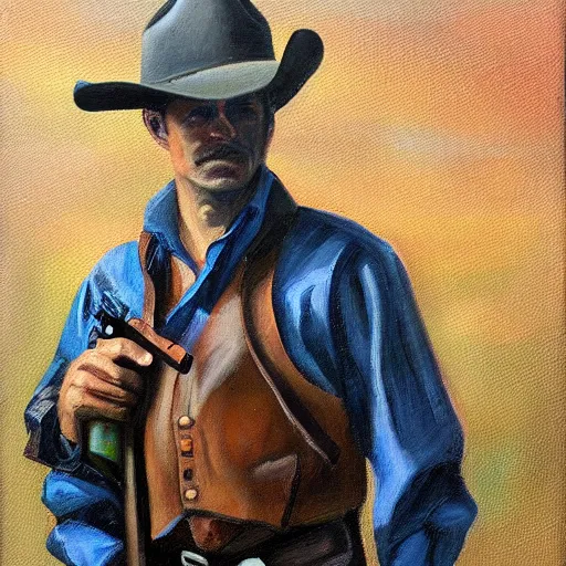 Prompt: cowboy with a shotgun for an arm, oil painting