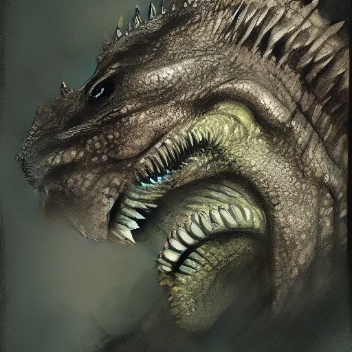 Image similar to the head of Godzilla, kaiju, sea creature, crocodile, iguana by carlos huante