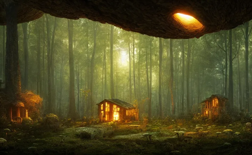 Prompt: A mushroom house, light coming from the windows, in a dark forest, macro, underexposed, overecast, mysterious matte painting by greg rutkowski and marc simonetti and Ivan Shishkin