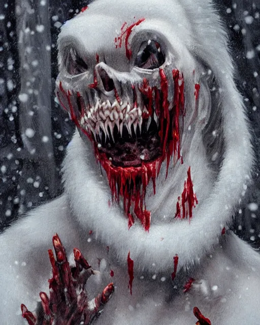 Image similar to Horrifying detailed painting of a pale, emaciated humanoid creature. It has sharp teeth and claws with pale milky eyes; snow, woods, blood; dark cinematic lighting, hyper detailed, moody