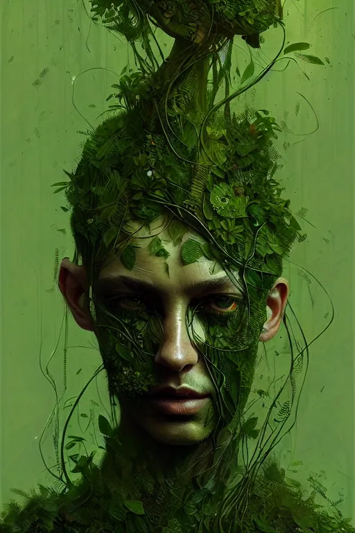 Image similar to detailed portrait of person made of green vines, plants, horror, gritty, elegant, luxury, by ismail inceoglu dragan bibin hans thoma greg rutkowski alexandros pyromallis nekro rene maritte illustrated, perfect face, fine details, realistic shaded