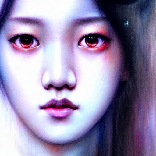 Image similar to jisoo of blackpink, hyperrealistic portrait, bladerunner street, by karol bak and agnes cecile, fantasy art, photo realistic, dynamic lighting, artstation, poster, volumetric lighting, very detailed face, intricate complexity, rule of thirds, 8 k, award winning