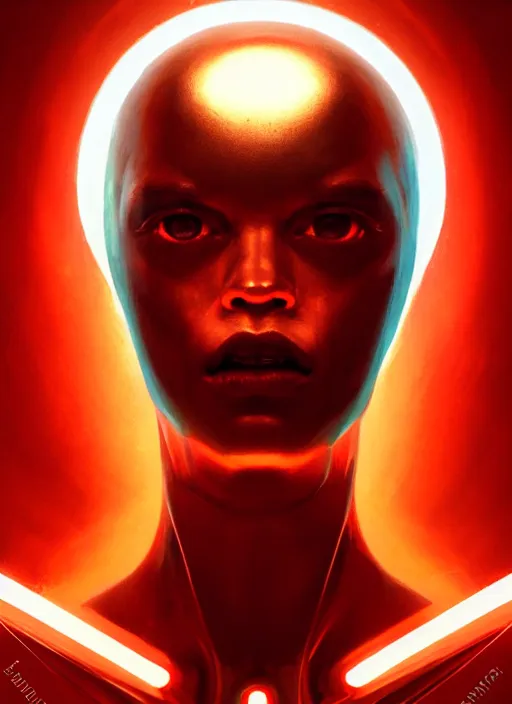 Image similar to symmetry!! portrait of a metallic being with a face with a glowing red light, complimentary colors, perfect lighting, perfect composition, aesthetic, masterpiece, award winning, artstation, darek zabrocki, greg rutkowski, artgerm, 4 k