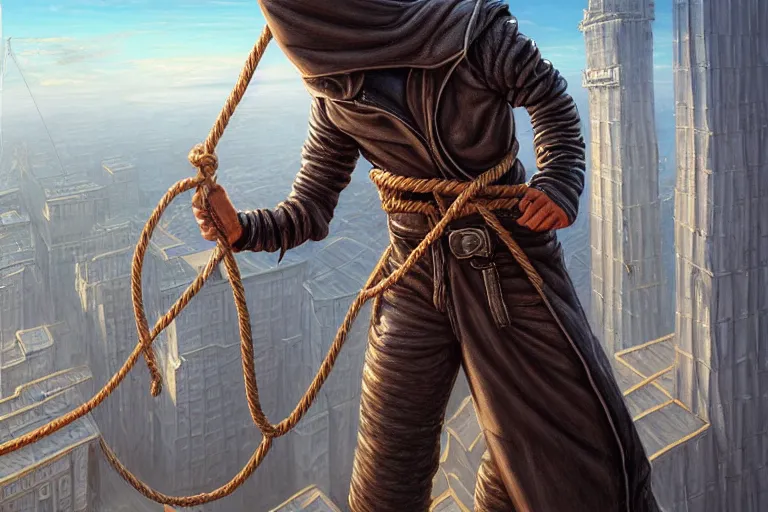 Image similar to landscape painting of a hooded thief in leathers using a rope to climb a tall building inside a fantasy city, fine details, magali villeneuve, artgerm, rutkowski