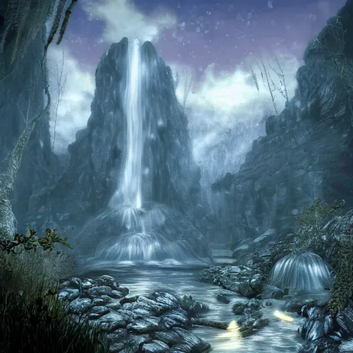Prompt: Skyrim concept art, waterfall, glowing mushrooms, midnight, waterfall w-1024