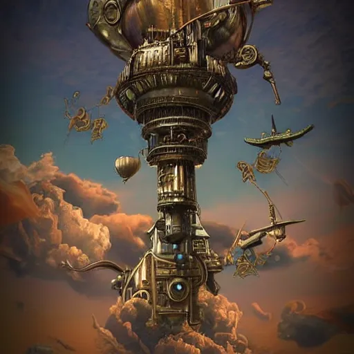 Prompt: flying city in a bronze tulip, sky, steampunk!!!, fantasy art, steampunk, masterpiece, octane