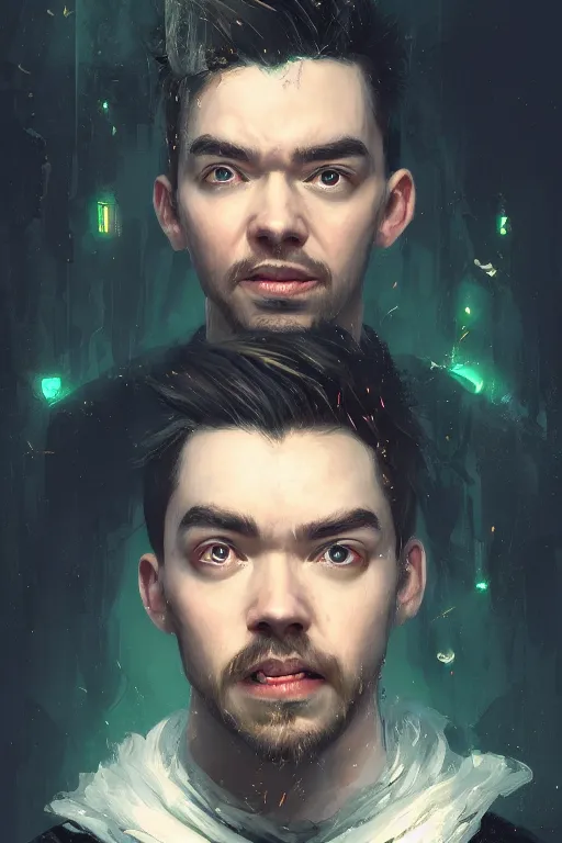 Image similar to a fancy portrait of the YouTuber jacksepticeye by Greg Rutkowski, Sung Choi, Mitchell Mohrhauser, Maciej Kuciara, Johnson Ting, Maxim Verehin, Peter Konig , mythical, 8k photorealistic, cinematic lighting, HD, high details, atmospheric,