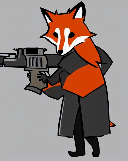 Image similar to a fox wearing a black trench - coat holding a mini - gun, comic art style, digital art,