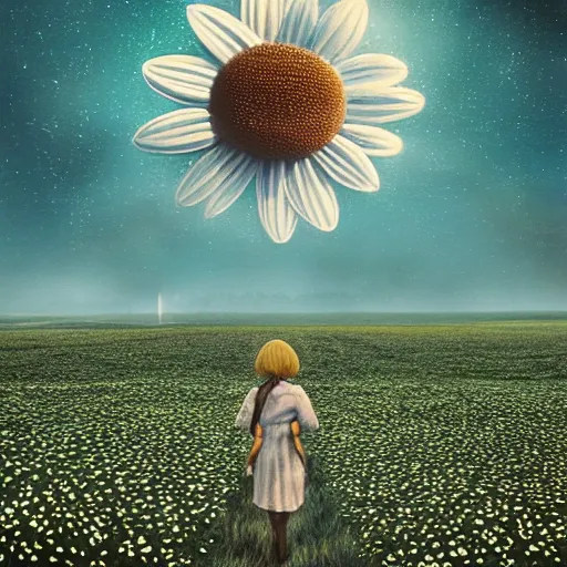 Image similar to giant daisy flower as a head, girl walking in wheat field, hills, surreal photography, moon light, dark night, star trails, dramatic light, impressionist painting, clouds, digital painting, artstation, simon stalenhag