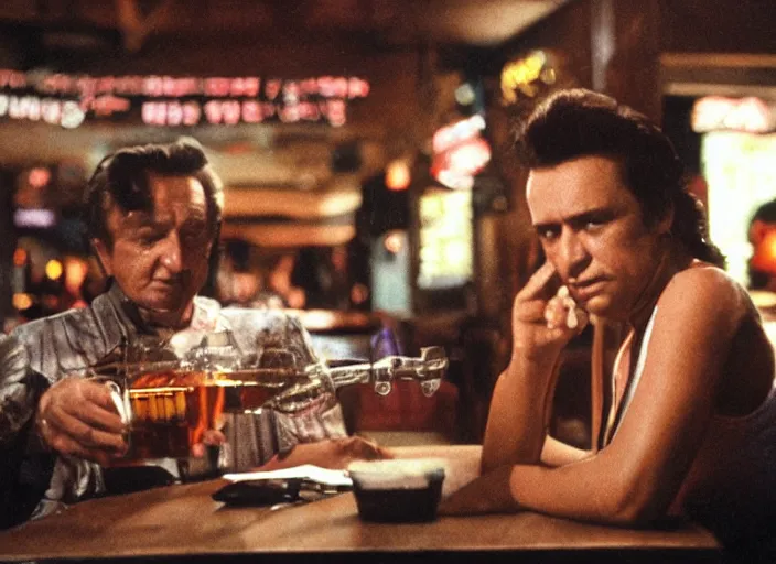 Image similar to a close - up, color cinema film still of a johnny cash talking to a beautiful hooters waitress drinking whiskey at hooters, ambient lighting at night.