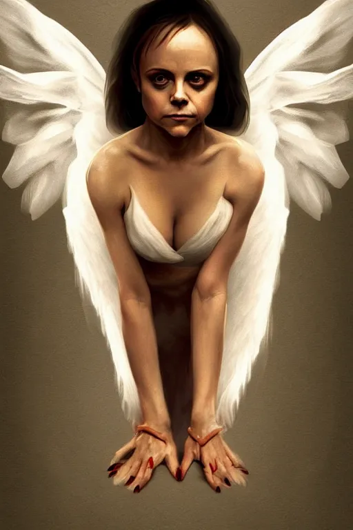 Prompt: Full body potrait of Christina Ricci as an angel doing yoga , angel is split in two with smoke, fantasy, intricate, elegant, highly detailed, digital painting, artstation, concept art, smooth, sharp focus, illustration, art by Ilja Repin