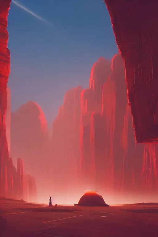 Image similar to futuristic temples glowing red in canyon, monks, light streaks in the sky, floating planets, dramatic lighting, artstation, matte painting, ralph mcquarrie, simon stalenhag