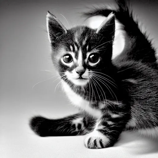 Prompt: a portrait photo of a cute kitten wearing a tuxedo by edward weston, auto graflex, 2 1 0 mm ƒ / 6 4 zeiss tessar, agfa isopan iso 2 5, pepper no. 3 5, 1 9 3 0, high quality photo, highly detailed, studio lighting, fine - art photography, tack sharp