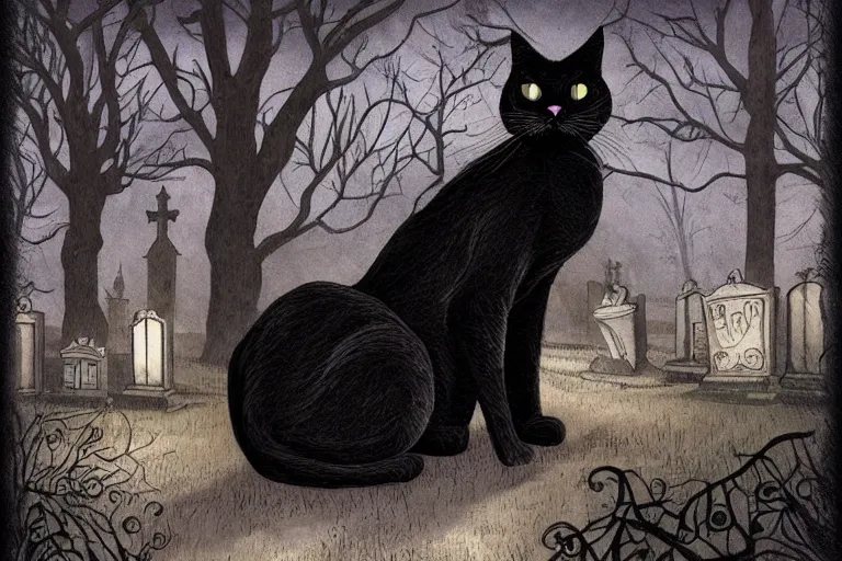 Image similar to black cat in graveyard at midnight halloween tattoo on shoulder by anton pieck, intricate, extremely detailed, digital painting, artstation concept art