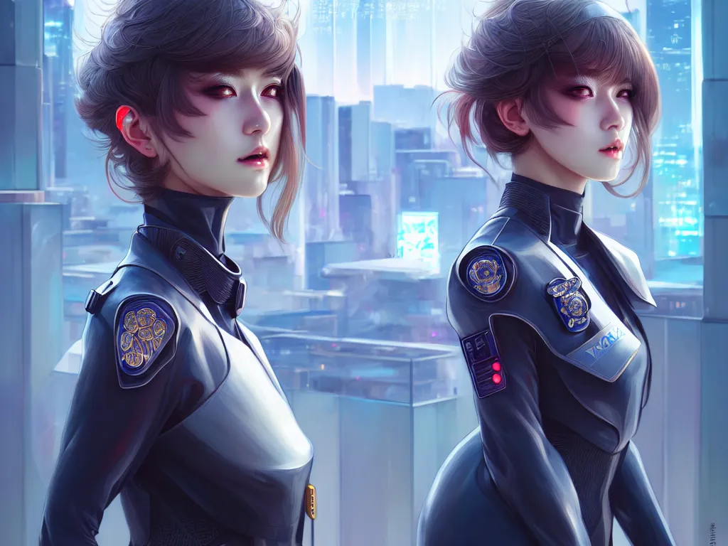 Image similar to portrait futuristic police uniform girl, at future neon light tokyo rooftop, ssci - fi and fantasy, intricate and very very beautiful and elegant, highly detailed, digital painting, artstation, concept art, smooth and sharp focus, illustration, art by tan zi and ayanamikodon and alphonse mucha and wlop