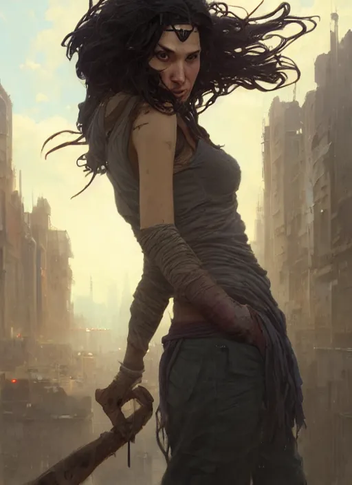 Image similar to Highly detailed portrait of homeless and beaten up Gal Gadot, Stephen Bliss, unreal engine, fantasy art by Greg Rutkowski, Loish, Rhads, ferdinand knab, Makoto Shinkai and Lois van baarle, ilya kuvshinov, rossdraws, Tom Bagshaw, alphonse mucha, global illumination, radiant light, detailed and intricate environment