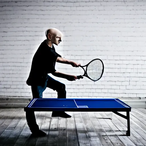 Image similar to portrait of nosferatu playing alone tennis table, sport photography