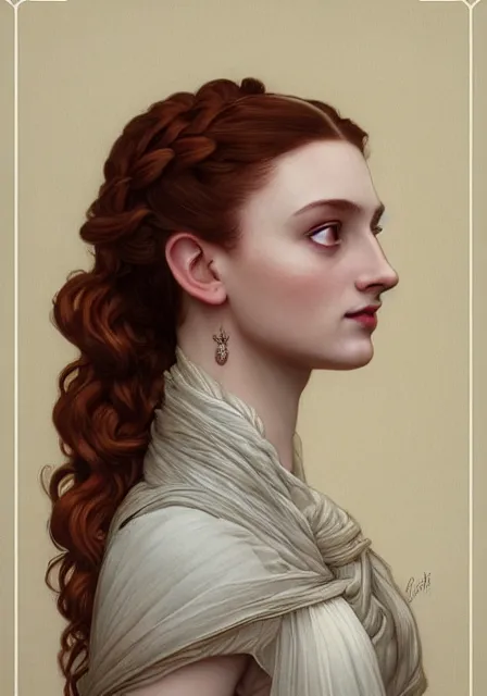 Image similar to sansa portrait in profile with a complex hairstyle with lots of curls, intricate, elegant, highly detailed, digital painting, artstation, concept art, smooth, sharp focus, illustration, art by artgerm and greg rutkowski and alphonse mucha and william - adolphe bouguereau