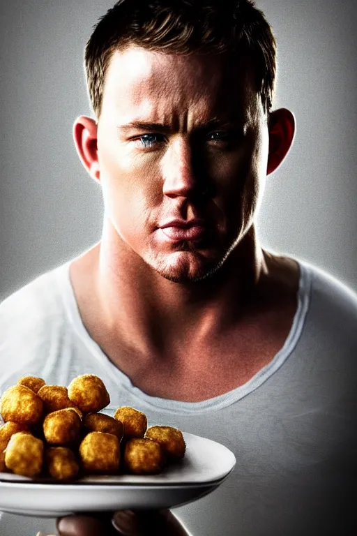 Image similar to a head shot of channing tatum as half human and a tater tot on a plate, tater tot face, ef 8 5 mm f 1. 8 usm, bionic scifi alexandre ferra, hyper detailed, digital art, trending in artstation, cinematic lighting, studio quality, smooth render, unreal engine 5 rendered, octane rendered