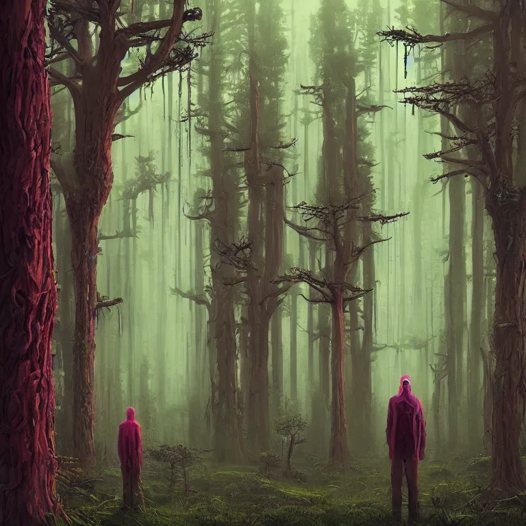 Prompt: A person at a music festival standing amongst tall trees with speakers around epic portals, cyberpunk, epic surrealism, Detailed digital matte painting in the style of simon stalenhag and Bev dolittle Zdzislaw Beksinski, Greg Hildebrandt artstation, psychedelic