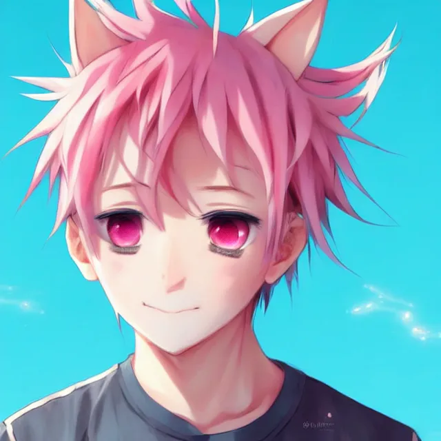 Image similar to character concept art of a cute anime boy with pink hair and pink wolf ears and freckles | | cute - fine - face, pretty face, key visual, realistic shaded perfect face, fine details by stanley artgerm lau, wlop, rossdraws, james jean, andrei riabovitchev, marc simonetti, and sakimichan, trending on artstation