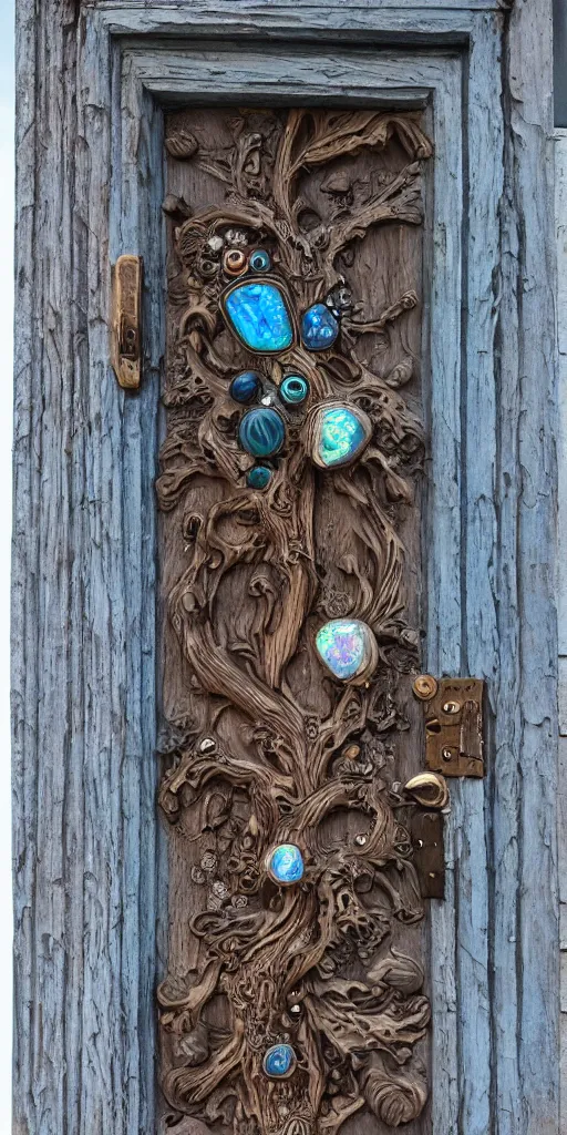 Image similar to https://s.mj.run/lcNw6KWjbsI Full old weathered wooden Door with a high relief carving of Fractal Marble and Opal Geode and Obisidian+Flowerpunk, cyberpunk, Dragonhead, twisted oak tree, jewels + Dark-blue light-blue black gold light-brown opal white + Ultra realistic, intricate detail, contrast, wet, kintsugi, rococo, baroque, 24mm lens + by Alphonse Mucha, Roger Deakins, Moebius, Mohrbacher