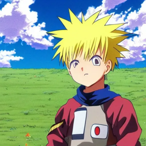 Image similar to “Anime key visual of a young innocent boy with yellow hair and lightning powers in a meadow, detail, 8k, anime, detailed eyes, official media, big eyes, short body, Illustrated by Akira Toriyama, Illustrated by Kohei Horikoshi, official media”